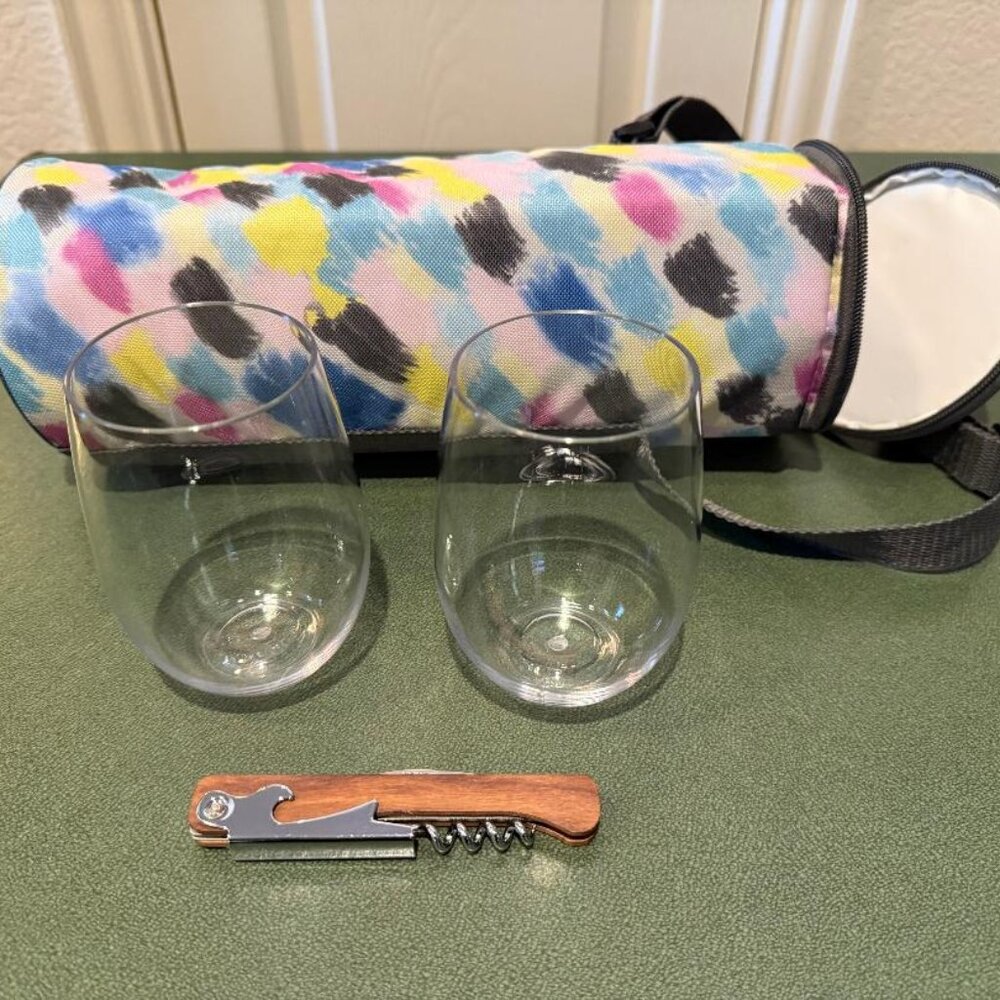 Zippered Wine Bottle Carrier with 2 Stemless Glasses & Corkscrew